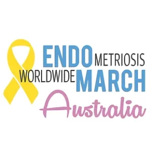 Endo Worldwide March Day Australia logo. Yellow endometriosis ribbon with blue and pink text.