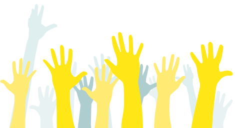 Raised hands in yellow and light blue colors symbolizing endometriosis awareness and community support