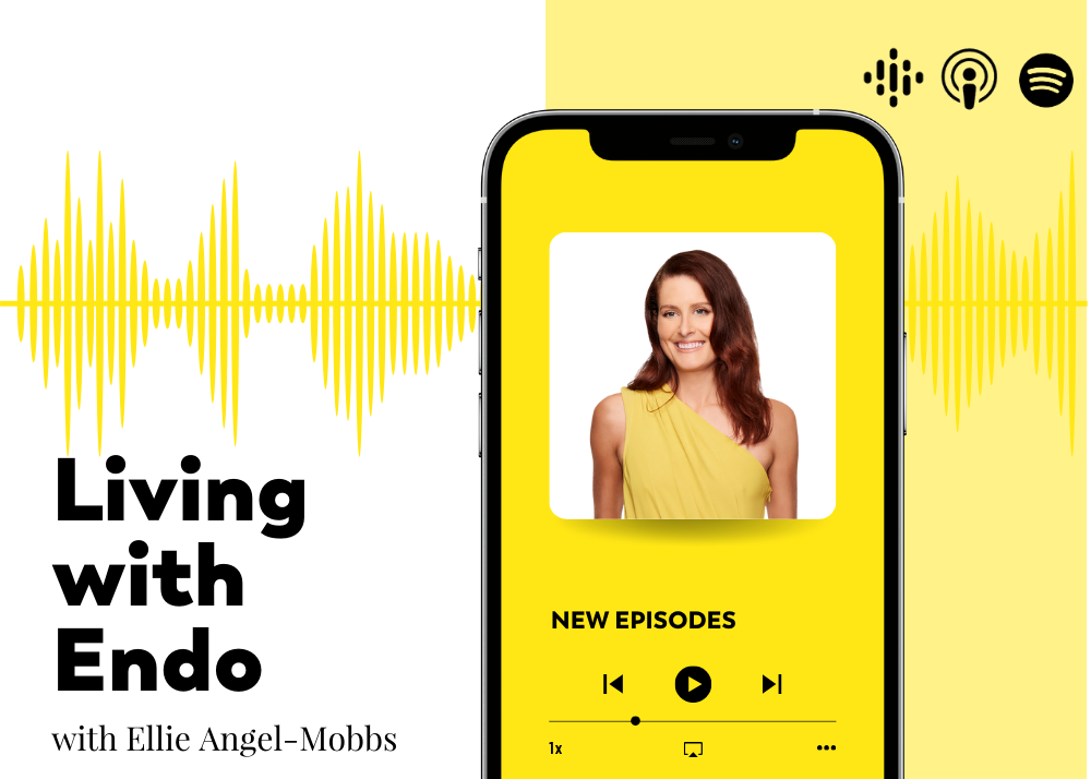 Promotional image for the "Living with Endo" podcast with Ellie Angel-Mobbs, featuring a phone screen displaying the podcast and various streaming service icons.