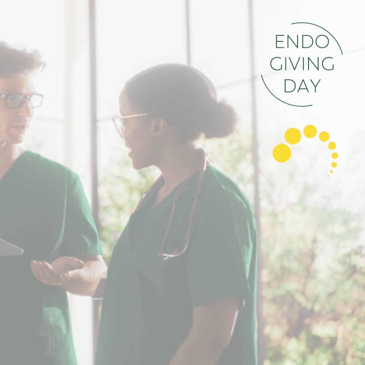 Healthcare professionals discussing endometriosis care with soft overlay and Endo Giving Day branding for mobile view