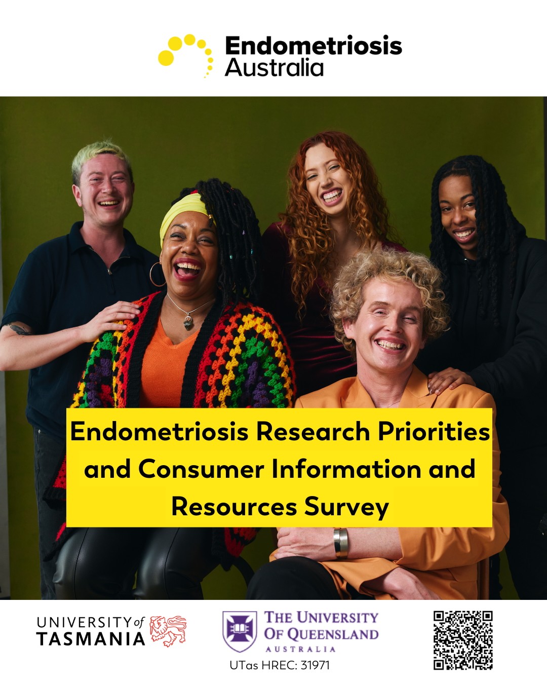 Diverse group of smiling individuals promoting the Endometriosis Australia consumer information and research priorities survey, supported by the University of Tasmania and the University of Queensland.