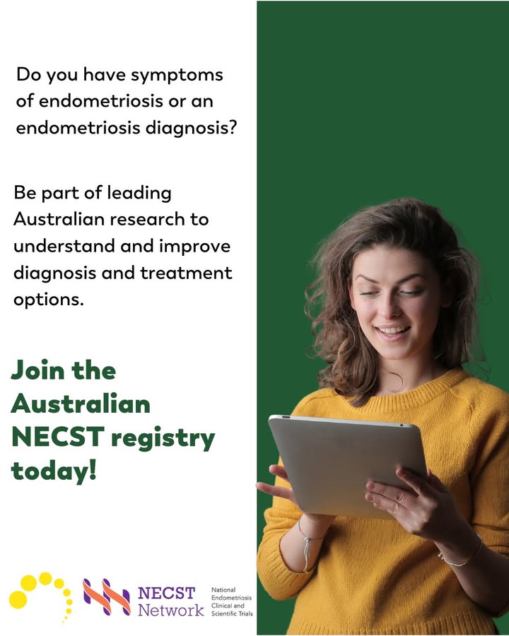 Woman smiling while using tablet with message inviting people with endometriosis symptoms to join the Australian NECST registry for research participation.