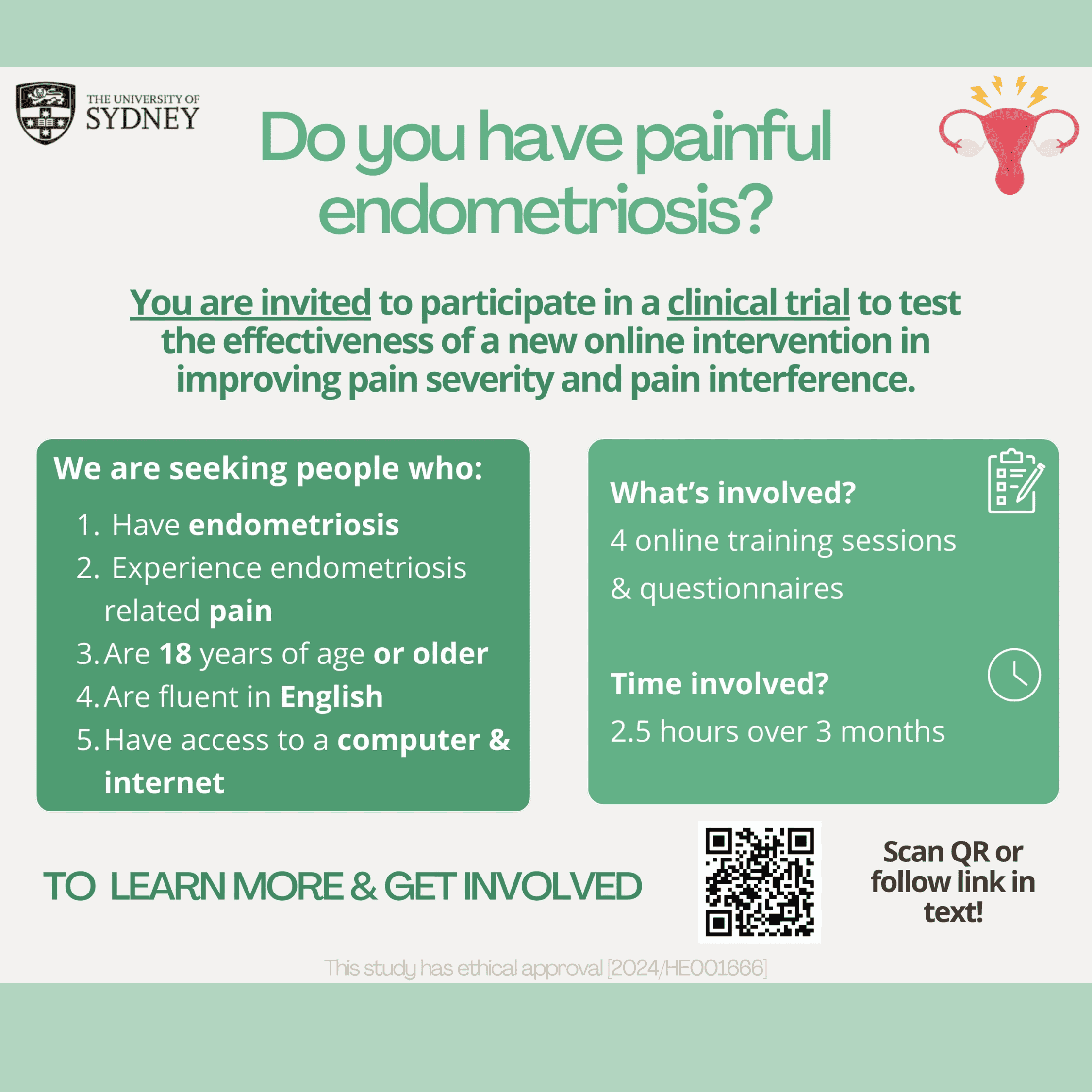 Clinical trial for people with endometriosis experiencing pain – University of Sydney study flyer.