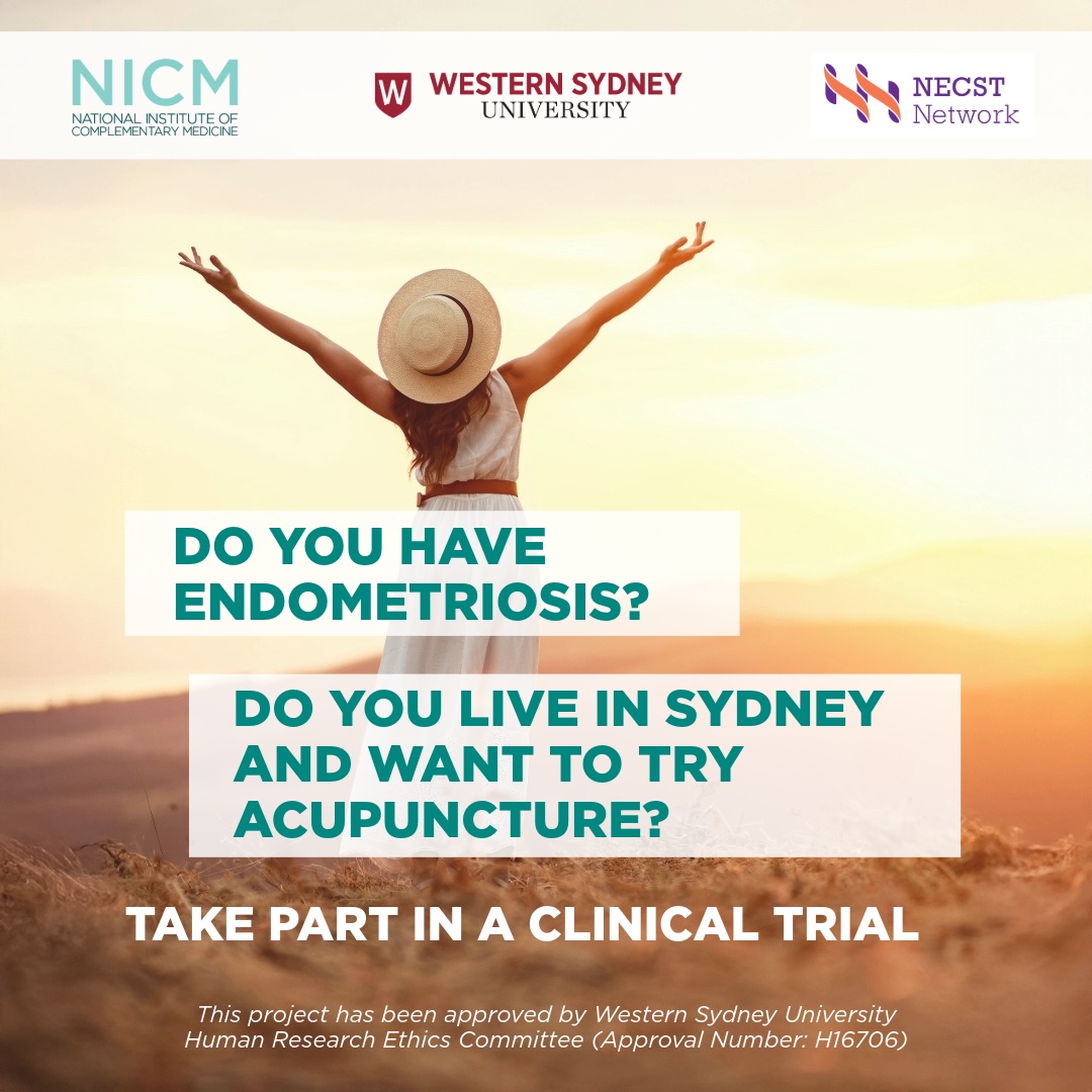Western Sydney University endometriosis acupuncture clinical trial recruitment - woman with arms raised on beach at sunset