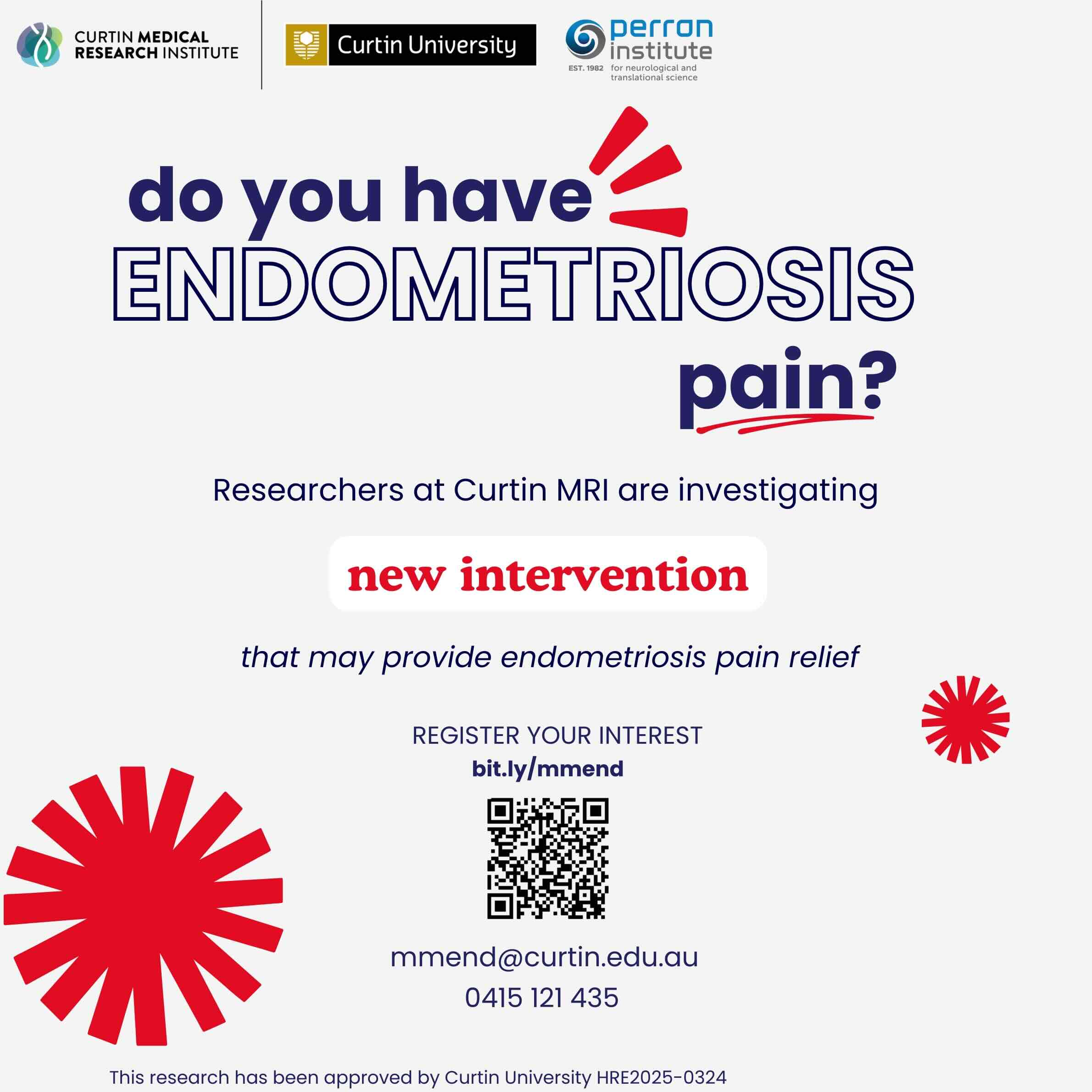 Curtin Mill endometriosis pain research study recruitment flyer - new intervention investigation for endo pain relief
