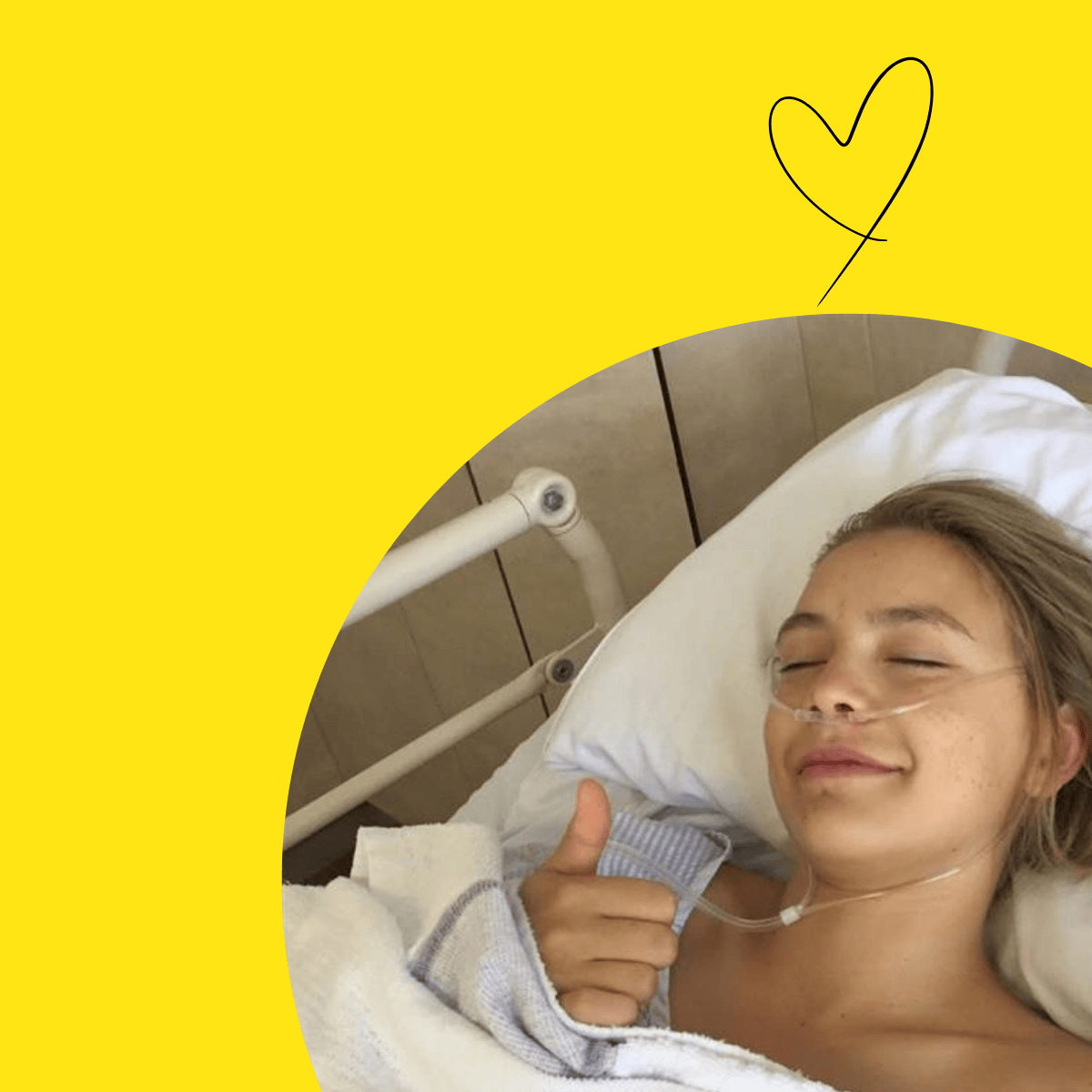 Young woman in a hospital bed giving a thumbs up, used for Endometriosis Australia’s Donate for Someone You Love campaign.