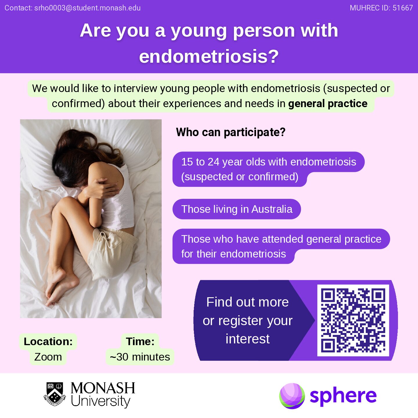 Woman smiling while using tablet with message inviting people with endometriosis symptoms to join the Australian NECST registry for research participation.