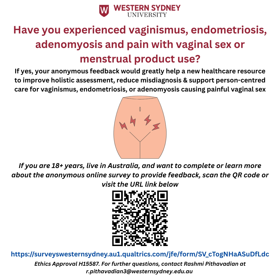 Woman smiling while using tablet with message inviting people with endometriosis symptoms to join the Australian NECST registry for research participation.