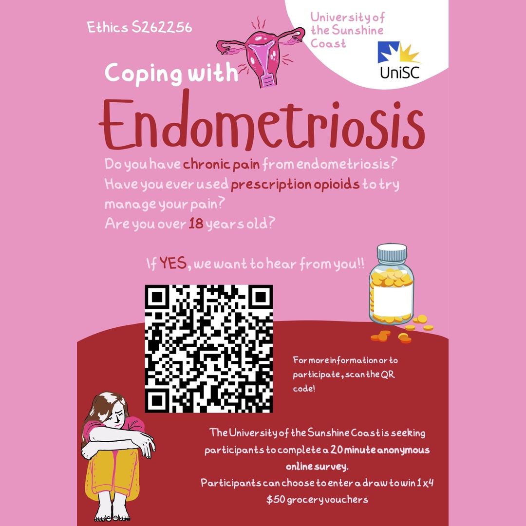 Woman smiling while using tablet with message inviting people with endometriosis symptoms to join the Australian NECST registry for research participation.