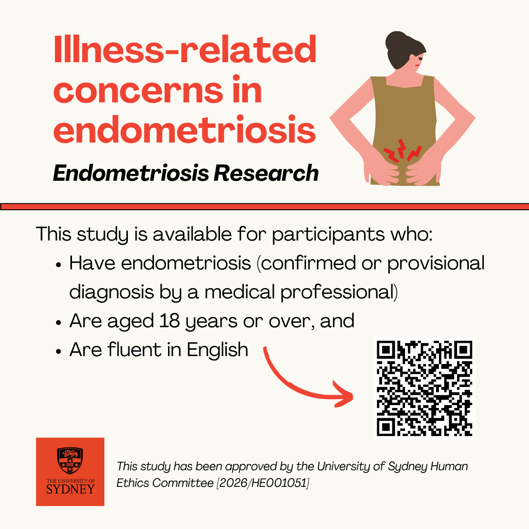 Woman smiling while using tablet with message inviting people with endometriosis symptoms to join the Australian NECST registry for research participation.