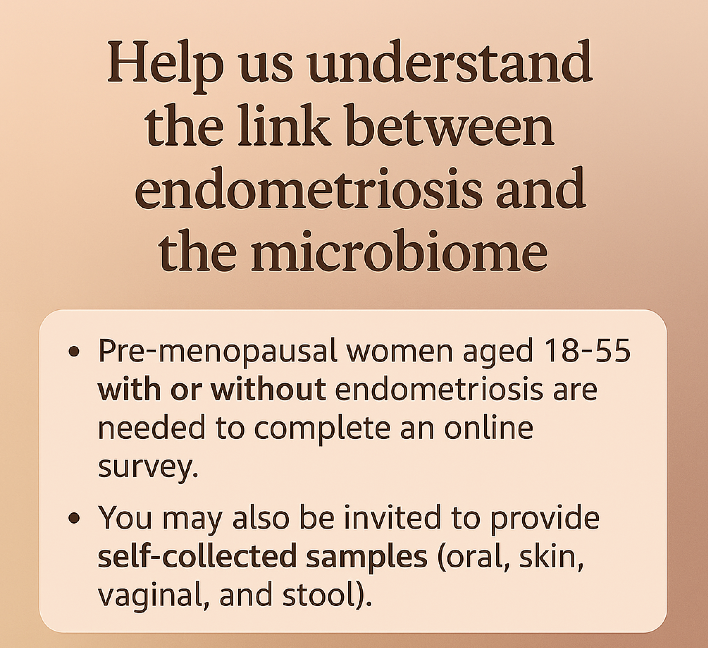Woman smiling while using tablet with message inviting people with endometriosis symptoms to join the Australian NECST registry for research participation.