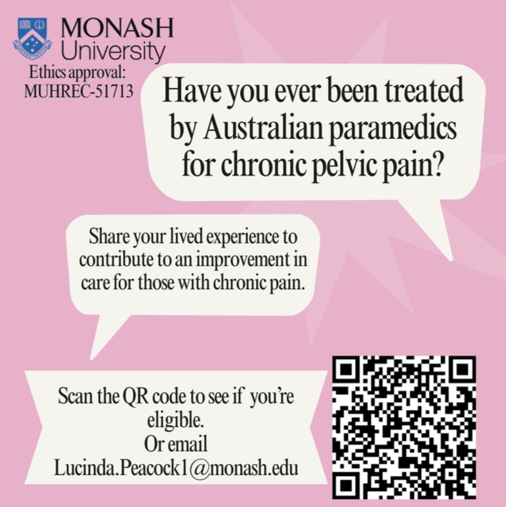 Woman smiling while using tablet with message inviting people with endometriosis symptoms to join the Australian NECST registry for research participation.