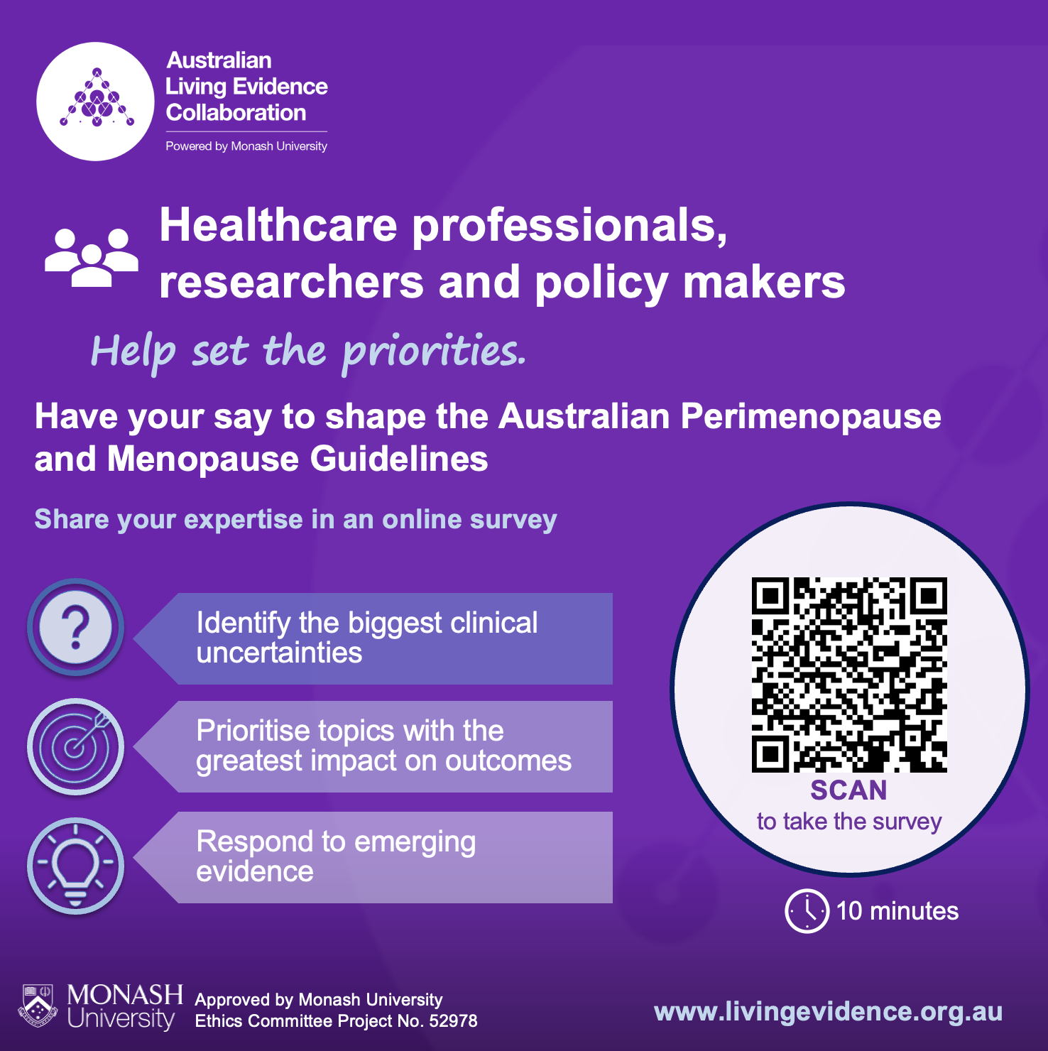 Woman smiling while using tablet with message inviting people with endometriosis symptoms to join the Australian NECST registry for research participation.