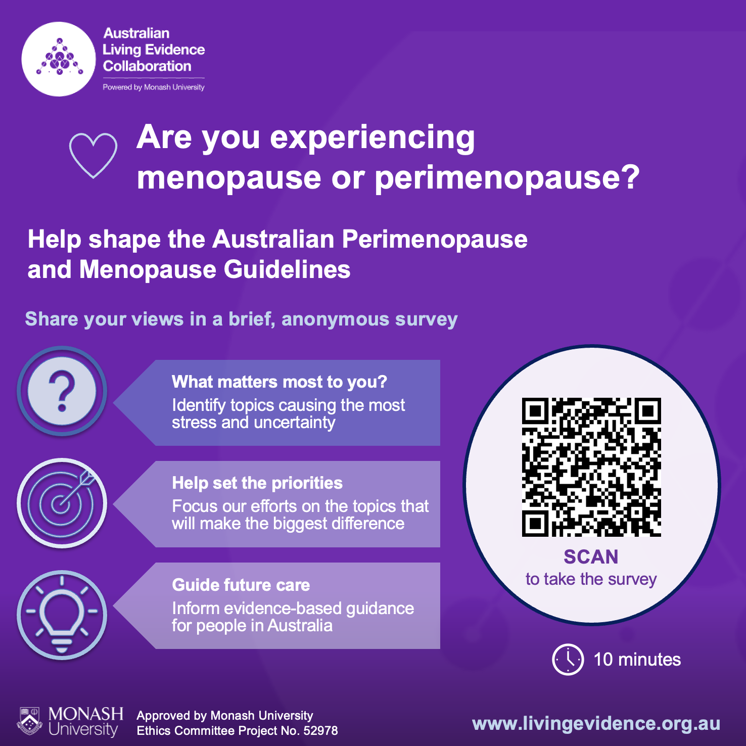 Woman smiling while using tablet with message inviting people with endometriosis symptoms to join the Australian NECST registry for research participation.