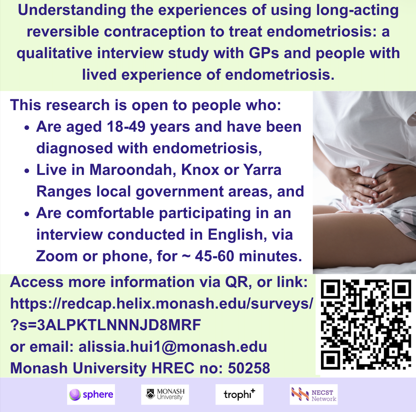 Woman smiling while using tablet with message inviting people with endometriosis symptoms to join the Australian NECST registry for research participation.