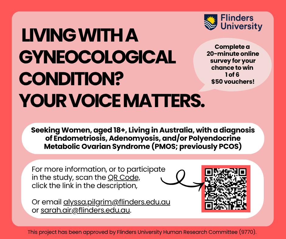 Woman smiling while using tablet with message inviting people with endometriosis symptoms to join the Australian NECST registry for research participation.
