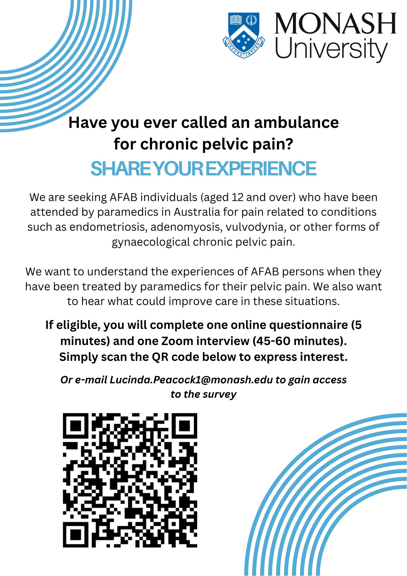 Woman smiling while using tablet with message inviting people with endometriosis symptoms to join the Australian NECST registry for research participation.