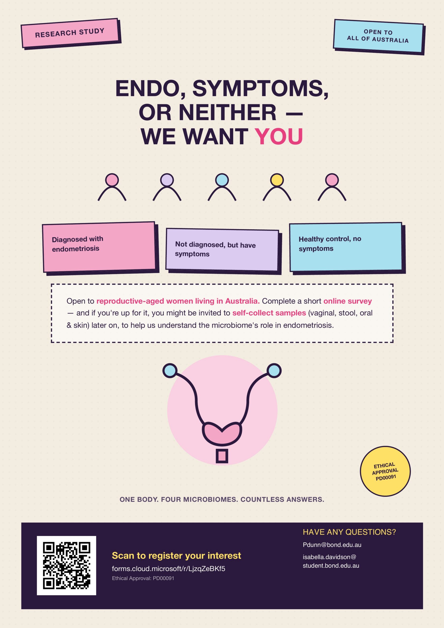 Woman smiling while using tablet with message inviting people with endometriosis symptoms to join the Australian NECST registry for research participation.