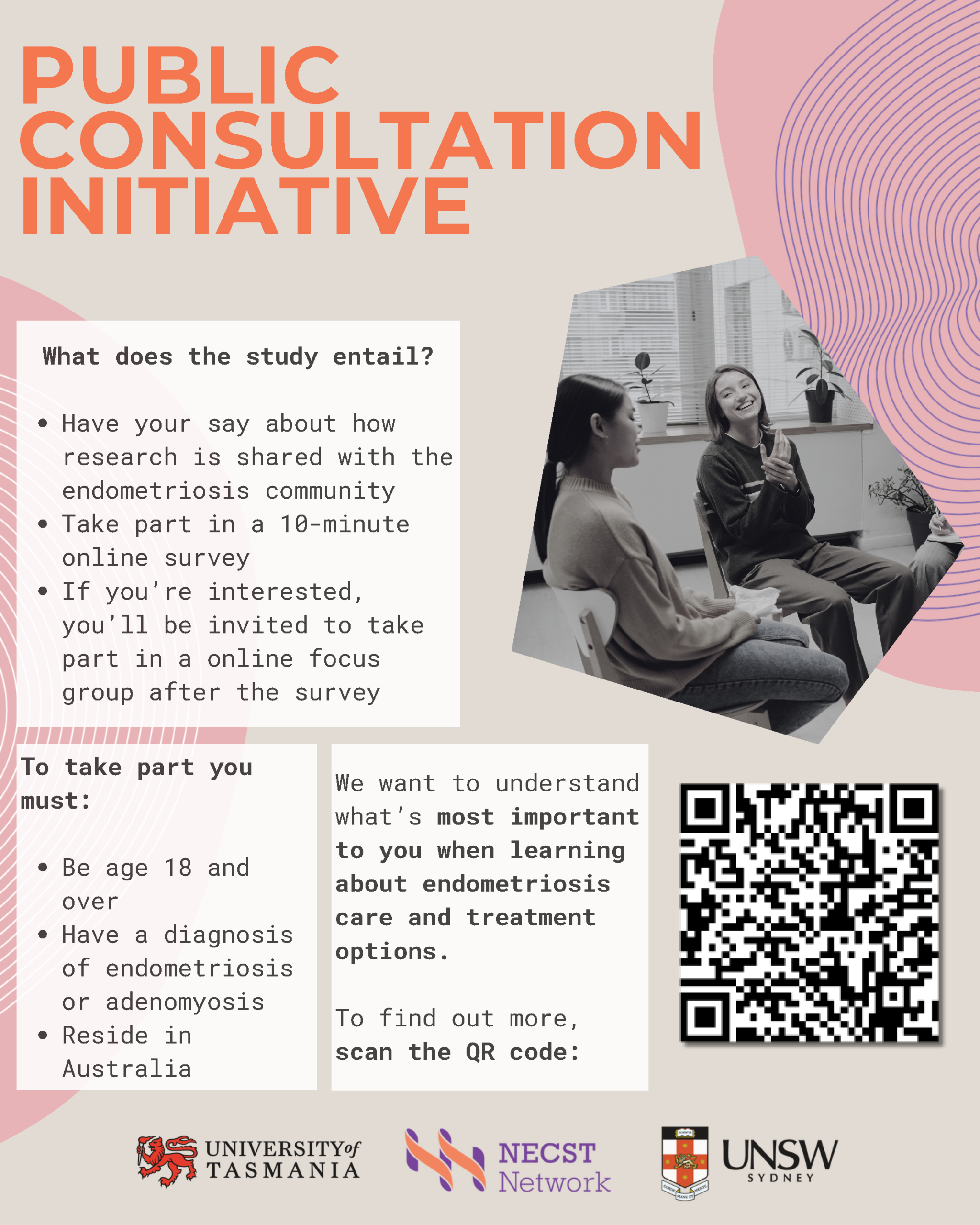 Woman smiling while using tablet with message inviting people with endometriosis symptoms to join the Australian NECST registry for research participation.