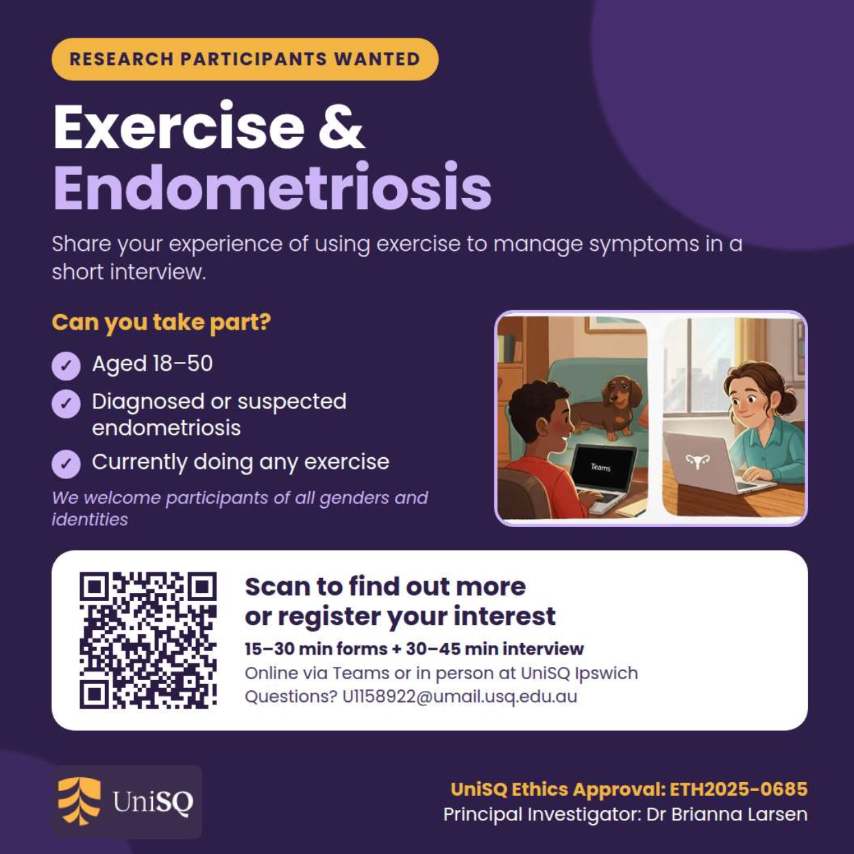 Woman smiling while using tablet with message inviting people with endometriosis symptoms to join the Australian NECST registry for research participation.