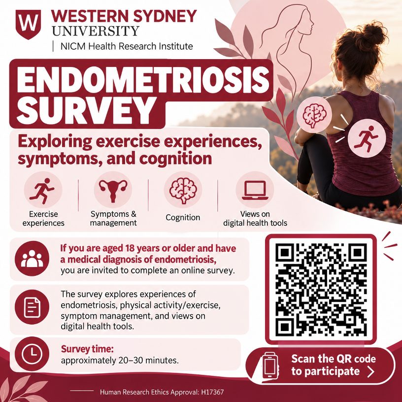 Woman smiling while using tablet with message inviting people with endometriosis symptoms to join the Australian NECST registry for research participation.